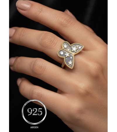 ÖLÇÜ 15 GOLD TAŞSIZ KELEBEK VE YILDIZ FİGÜRLÜ  925 AYAR GÜMÜŞ YÜZÜK