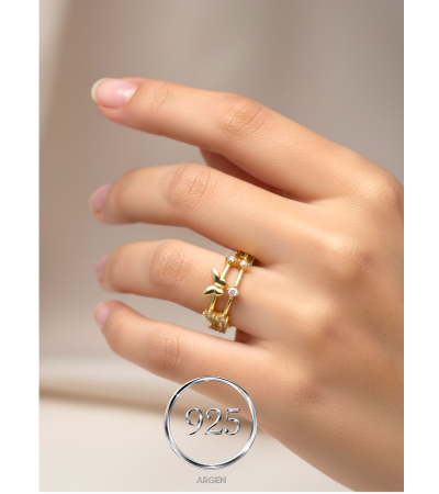 ÖLÇÜ 13 GOLD KALPLİ  925 AYAR ELMAS KESİM ZİRKONİA GÜMÜŞ YÜZÜK