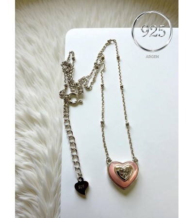KABARTMA KALP FİGÜRLÜ  KADIN  PEMBE SEDEF ZİRKONİA GÜMÜŞ KOLYE