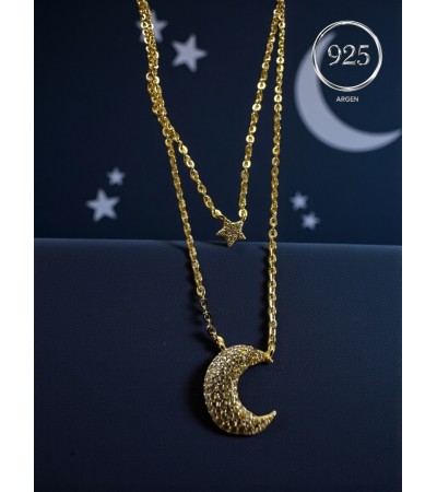 AY YILDIZ KADIN GOLD İKİ ZİNCİR ZİRKONİA GÜMÜŞ KOLYE