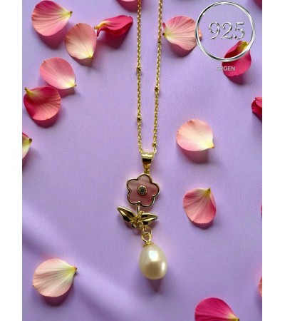 İNCİLİ PEMBE ÇİÇEK FİGÜRLÜ ELMAS KESİM GOLD ZİRKONİA GÜMÜŞ KOLYE