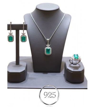 ZİRKONİA ELMAS YEŞİL ÜÇLÜ GÜMÜŞ SET