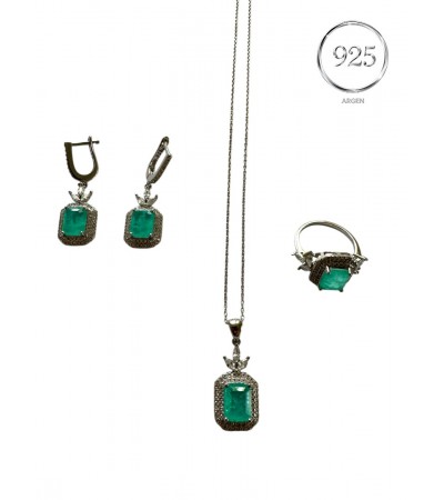 ZİRKONİA ELMAS YEŞİL ÜÇLÜ GÜMÜŞ SET