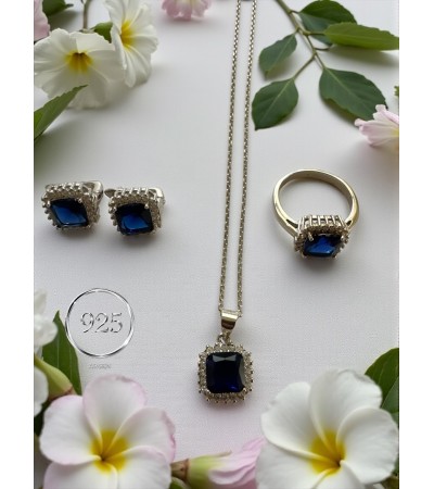 ZİRKONİA ELMAS SAFİR  ÜÇLÜ GÜMÜŞ SET