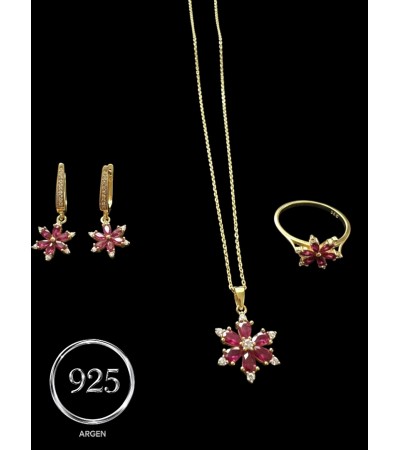 ZİRKONİA ELMAS KAR TANESİ GOLD-PEMBE   ÜÇLÜ GÜMÜŞ SET