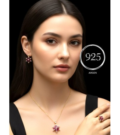 ZİRKONİA ELMAS KAR TANESİ GOLD-PEMBE   ÜÇLÜ GÜMÜŞ SET