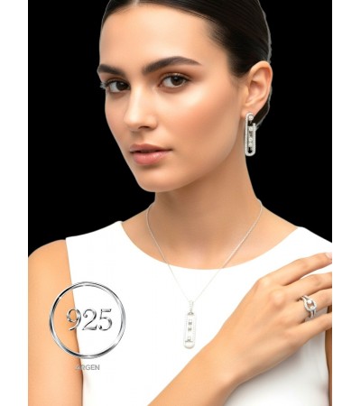 ÖZGÜN MODEL HAREKETLİ  ELMAS KESİM ZİRKONİA   ÜÇLÜ GÜMÜŞ SET