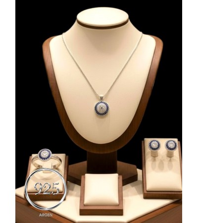 ZİRKONİA ELMAS MAVİ -GÜMÜŞ TOP MOZAİK ÜÇLÜ GÜMÜŞ SET
