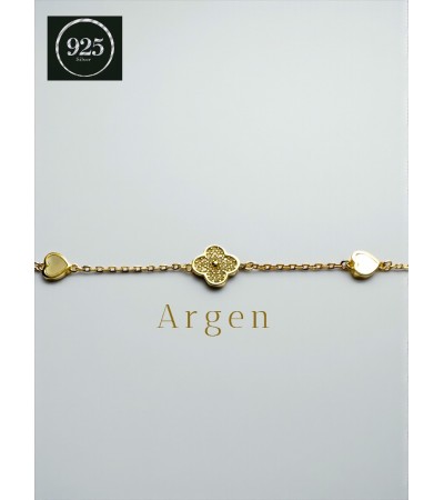 TEK YONCA İKİ KALP FİGÜRLÜ GOLD GÜMÜŞ BİLEKLİK