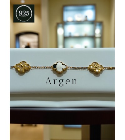 BEŞ YONCALI SİYAH ZİRKONİA ELMAS KESİM GOLD SEDEF GÜMÜŞ BİLEKLİK