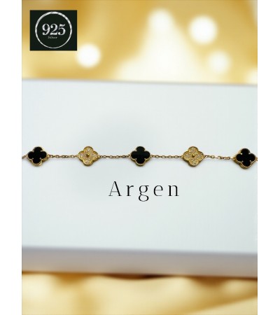 BEŞ YONCALI SİYAH ZİRKONİA ELMAS KESİM GOLD SEDEF GÜMÜŞ BİLEKLİK