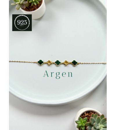 BEŞ YONCALI YEŞİL ZİRKONİA SEDEF GOLD  GÜMÜŞ BİLEKLİK