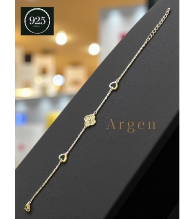 TEK YONCA İKİ KALP FİGÜRLÜ GOLD GÜMÜŞ BİLEKLİK