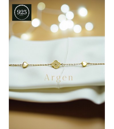 TEK YONCA İKİ KALP FİGÜRLÜ GOLD GÜMÜŞ BİLEKLİK