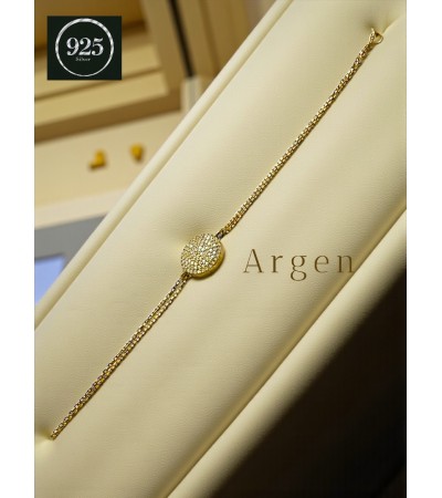 GOLD DETAYLI YUVARLAK ,ÇİFT ZİNCİR ZİRKONİA GÜMÜŞ BİLEKLİK