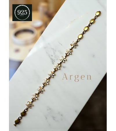 Gold -Külçe Çiçek Desenli Gümüş  Bileklik