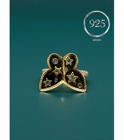 ÖLÇÜ 15 GOLD TAŞSIZ KELEBEK VE YILDIZ FİGÜRLÜ  925 AYAR GÜMÜŞ YÜZÜK