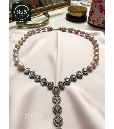 Doğal İnci Elmas Kesim Elegant Gümüş Kolye