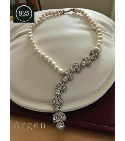 Doğal İnci Elmas Kesim Elegant Gümüş Ağır Kolye