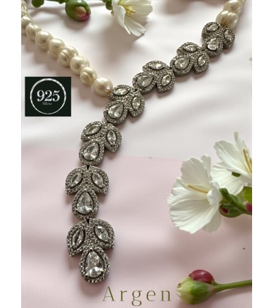 Doğal İnci Elmas Kesim Elegant Gümüş Ağır Kolye
