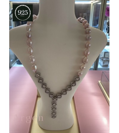 Doğal İnci Elmas Kesim Elegant Gümüş Kolye