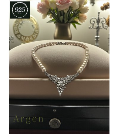 Doğal İnci Elmas Kesim Elegant Gümüş Kolye