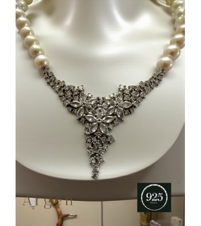 Doğal İnci Elmas Kesim Elegant Gümüş Kolye