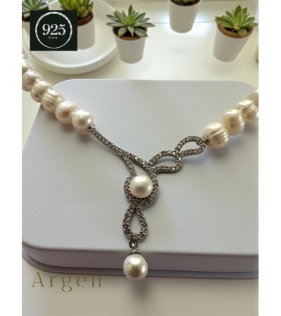 Doğal İnci Elmas Kesim Elegant Gümüş Kolye 