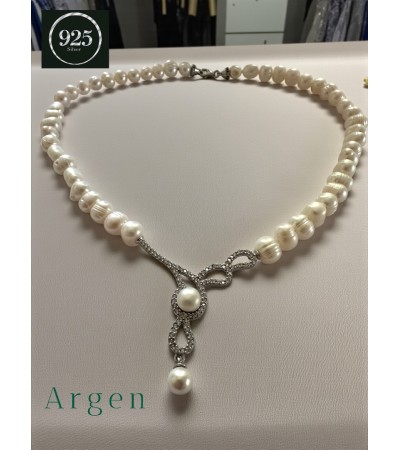 Doğal İnci Elmas Kesim Elegant Gümüş Kolye 