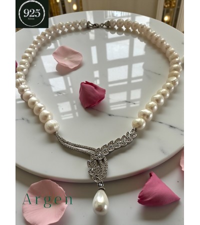 Doğal İnci Elmas Kesim Elegant Gümüş Kolye 