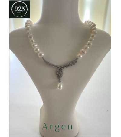 Doğal İnci Elmas Kesim Elegant Gümüş Kolye 