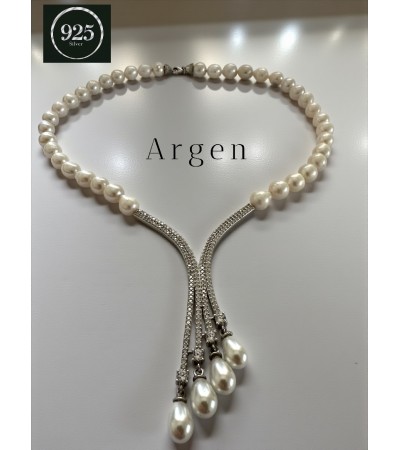 Doğal İnci Elegant Elmas Kesim Gümüş Kolye