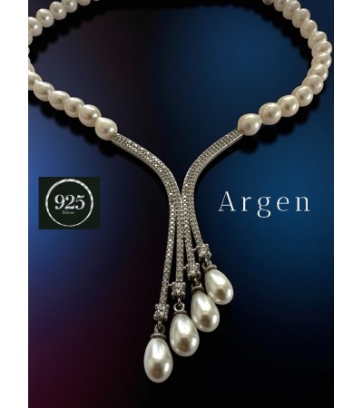 Doğal İnci Elegant Elmas Kesim Gümüş Kolye