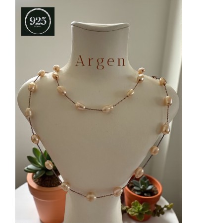 Doğal İnci,Gümüş Toplu, Elegant Gümüş Kolye, Uzun-Çift Katlı