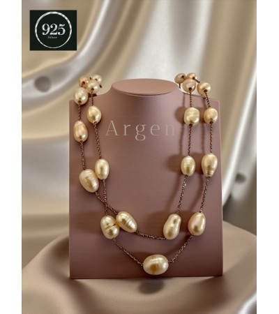 Doğal İnci,Gümüş Toplu, Elegant Gümüş Kolye, Uzun-Çift Katlı