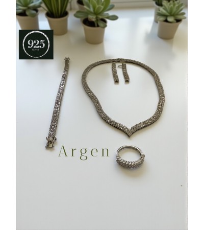 Elmas Kesim Elegant V Desen  Kadın Gümüş Set