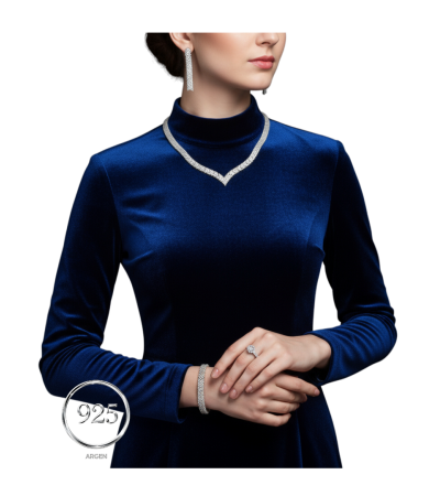 Elmas Kesim Elegant V Desen  Kadın Gümüş Set