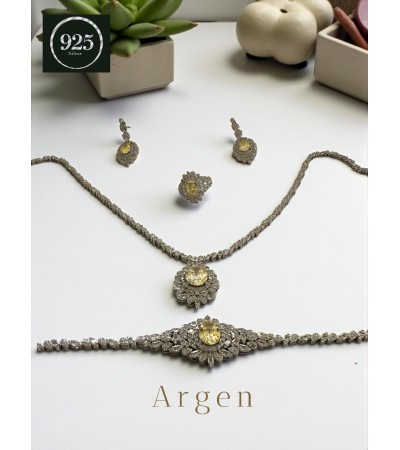 Elmas Kesim Elegant Sarı Motif Kadın Gümüş Set