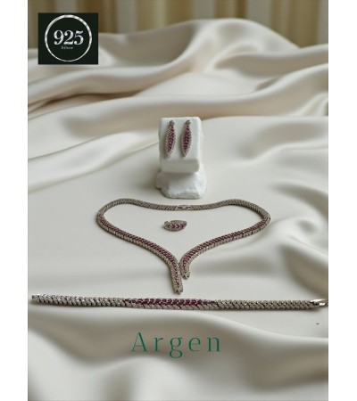 Elmas Kesim Elegant Kırmızı V Desenli  Kadın Gümüş Set