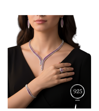 Elmas Kesim Elegant Kırmızı V Desenli  Kadın Gümüş Set