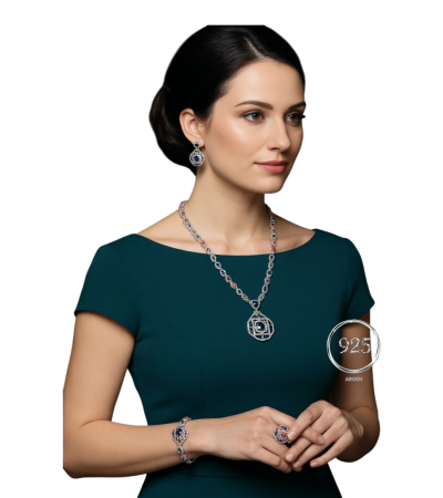 Elmas Kesim Elegant Mavi Vintage Kadın Gümüş Set