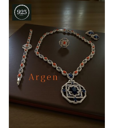 Elmas Kesim Elegant Mavi Vintage Kadın Gümüş Set