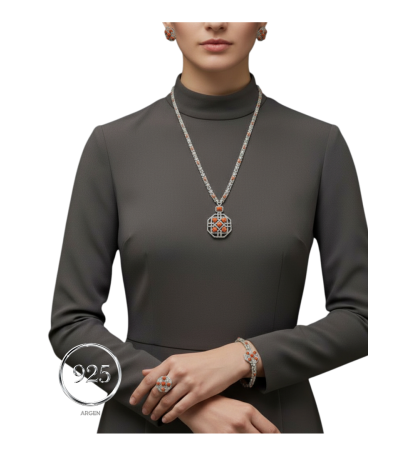 Elmas Kesim Elegant Turuncu Yeşil Vintage Kadın Gümüş Set