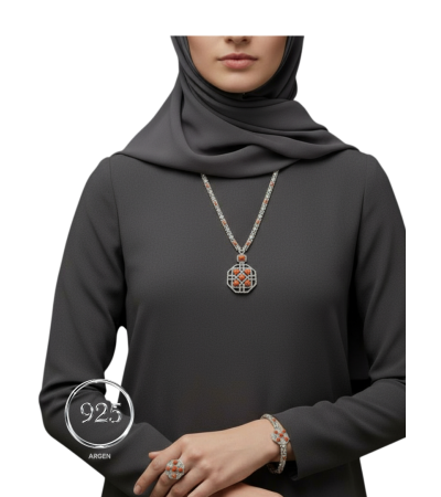 Elmas Kesim Elegant Turuncu Yeşil Vintage Kadın Gümüş Set