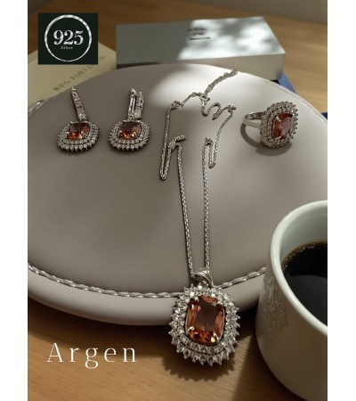 Elmas Kesim Elegant Yakut-Kahve Kadın Gümüş Set