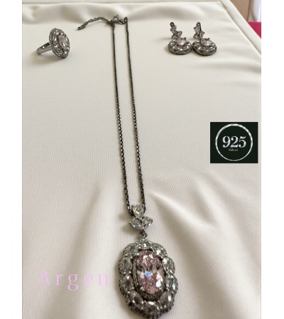Elmas Kesim Elegant Pembe Motif Kadın Gümüş Set