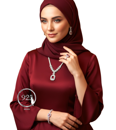 Elmas Kesim Elegant Kırmızı Motif Kadın Gümüş Set