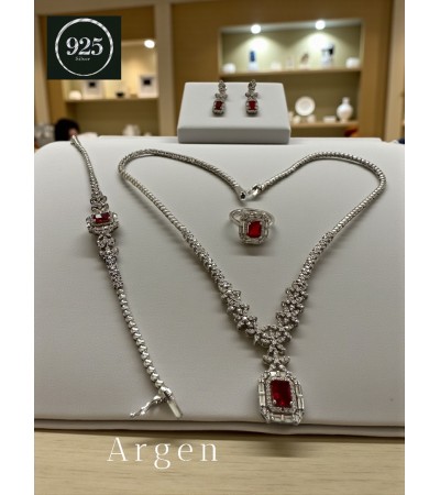 Elmas Kesim Elegant Kırmızı Motif Kadın Gümüş Set