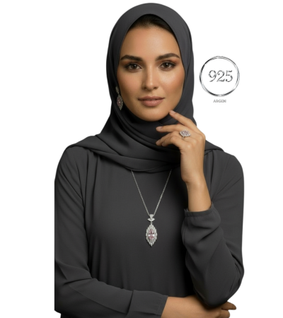 Elmas Kesim Elegant Kadın Pembeli Gümüş Set
