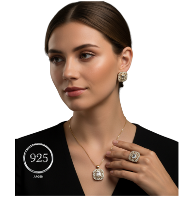 Elmas Kesim Gold Eskitme Kadın Gümüş Set